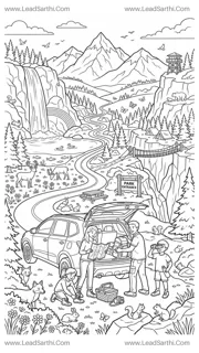 National Park Travel Coloring Page Printable PDF | Family Road Trip Adventure Design Template