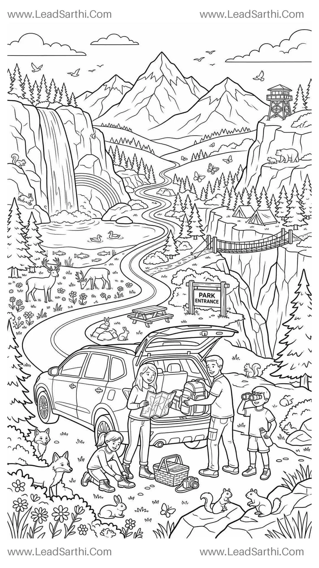 National Park Travel Coloring Page Printable PDF | Family Road Trip Adventure Thumbnail