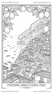 Italy Amalfi Coast Positano Cliffside Travel Coloring Page Design Template