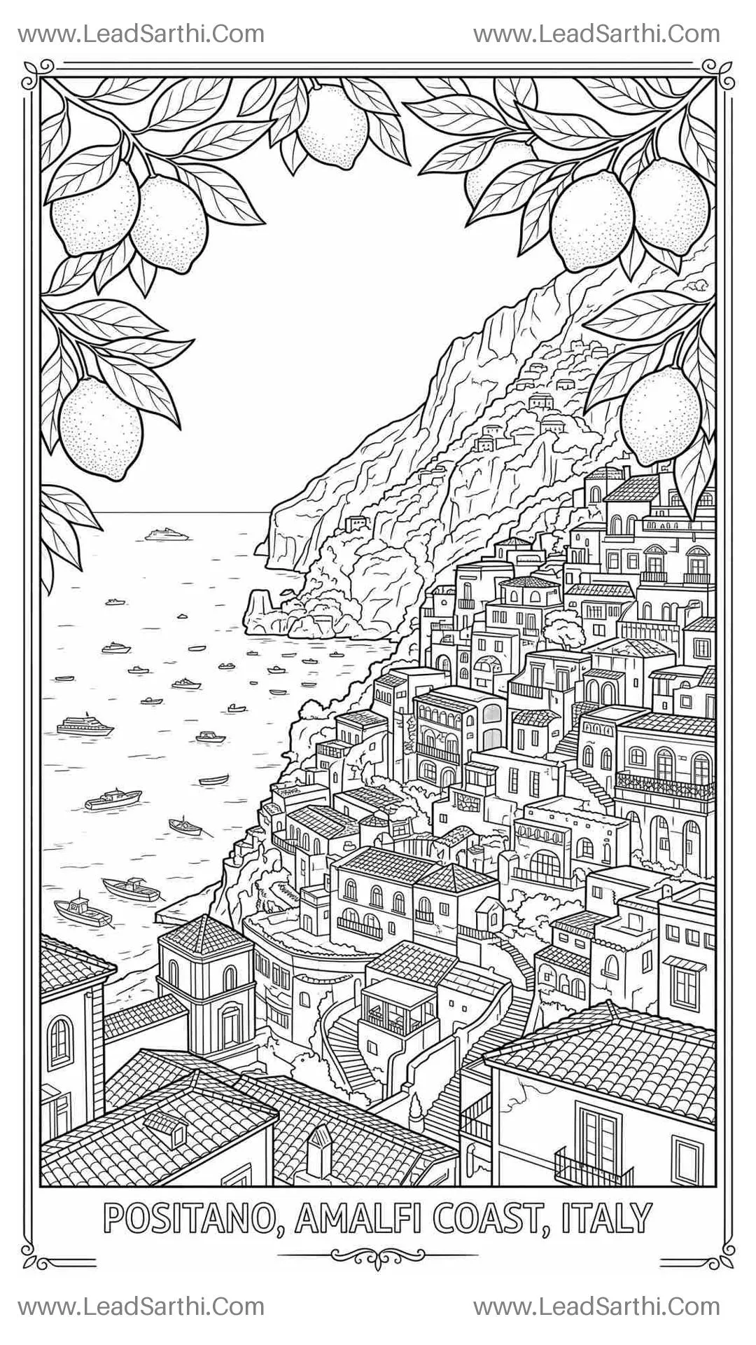 Italy Amalfi Coast Positano Cliffside Travel Coloring Page Thumbnail
