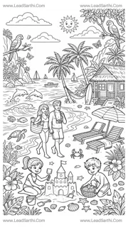 Tropical Island Coloring Page Printable PDF | Beach Vacation Coloring Sheet Design Template