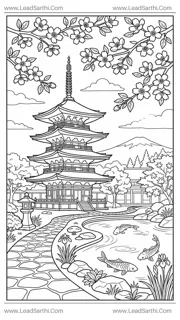 Japanese Pagoda Cherry Blossoms Kyoto Travel Coloring Page Design Template