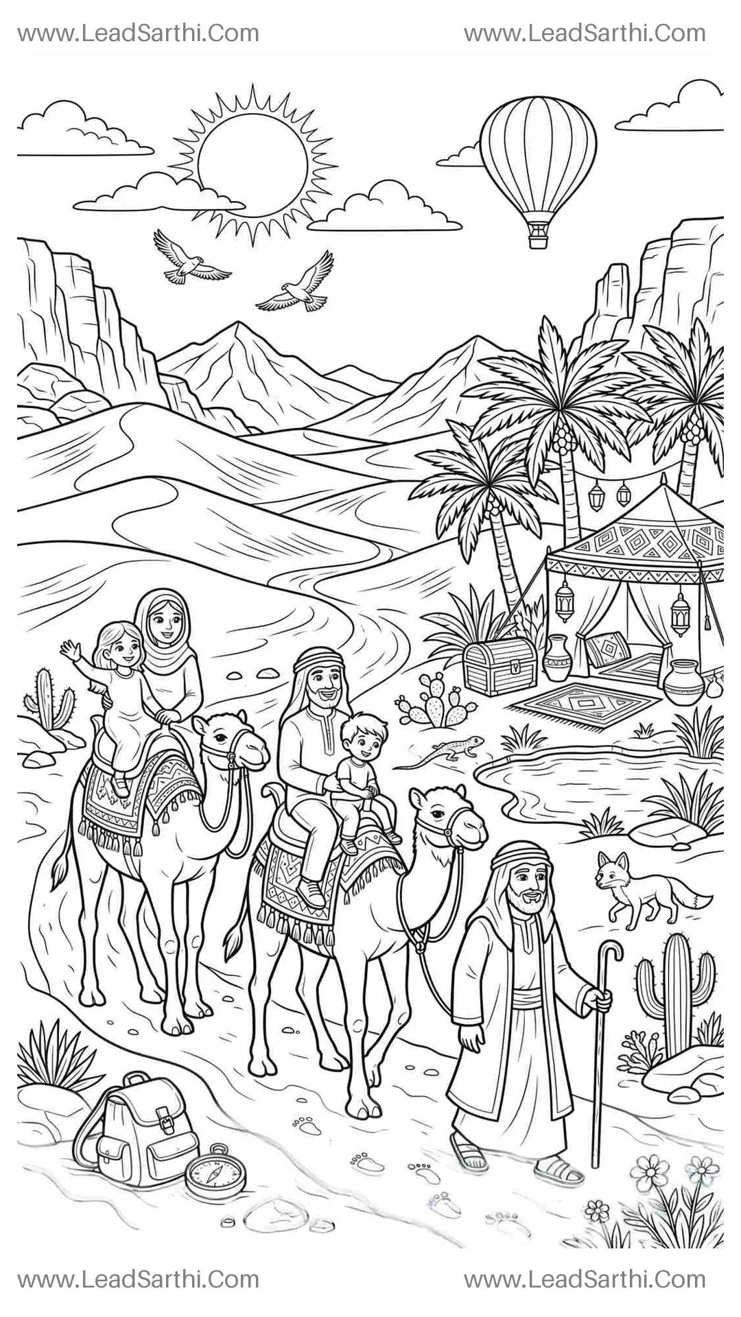 Desert Safari Travel Coloring Page Printable PDF | Camel Adventure Coloring Sheet Thumbnail