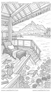 Bora Bora Overwater Bungalow Tropical Travel Coloring Page Design Template