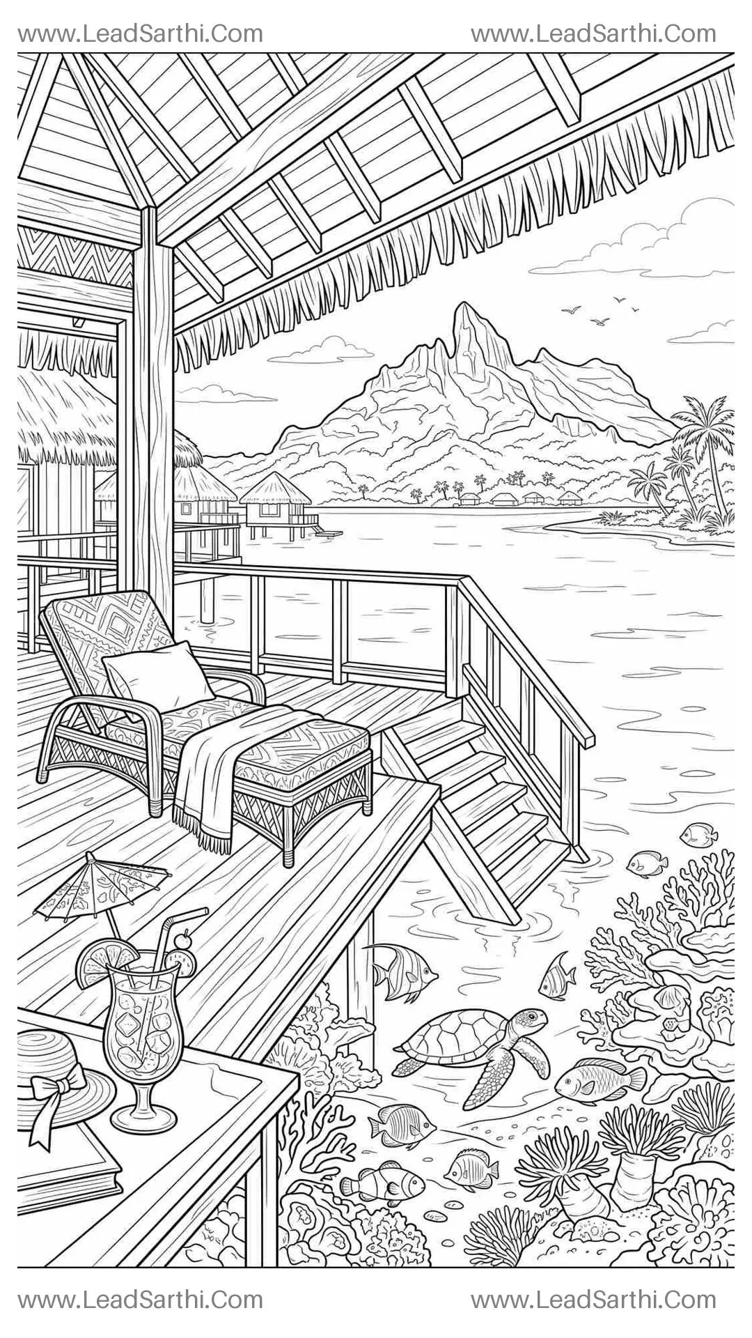 Bora Bora Overwater Bungalow Tropical Travel Coloring Page Thumbnail