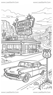 Vintage Route 66 Diner Printable Travel Coloring Page for Adults Design Template