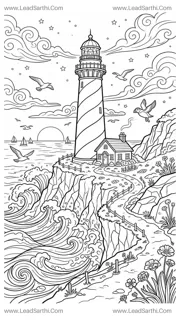 Lighthouse Coastal Scene: Printable Seaside Travel Coloring Page Design Template
