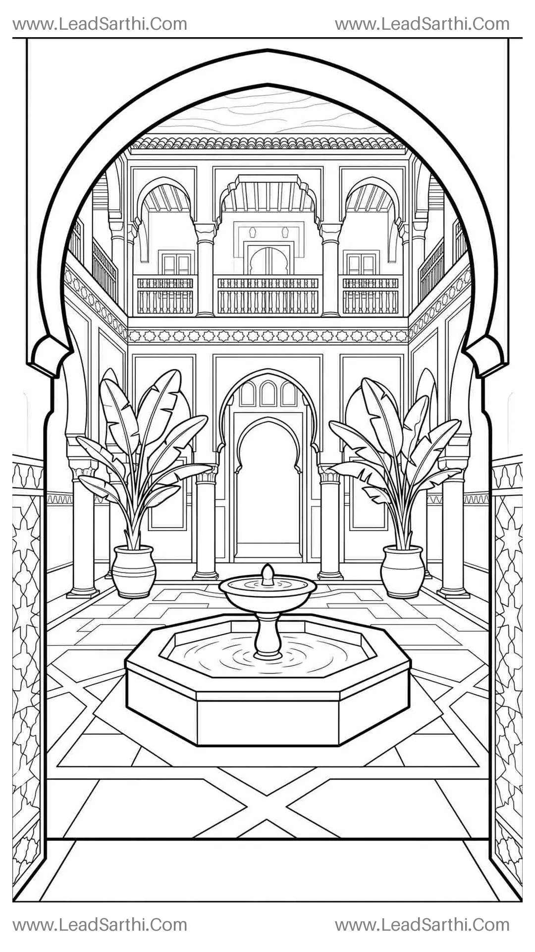 Moroccan Riad Courtyard Geometric Architecture Travel Coloring Page Thumbnail
