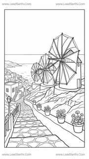 Mykonos Greece Cycladic Windmills Travel Coloring Page Design Template