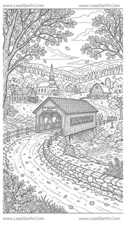 Fall Foliage Covered Bridge New England Travel Coloring Page Design Template