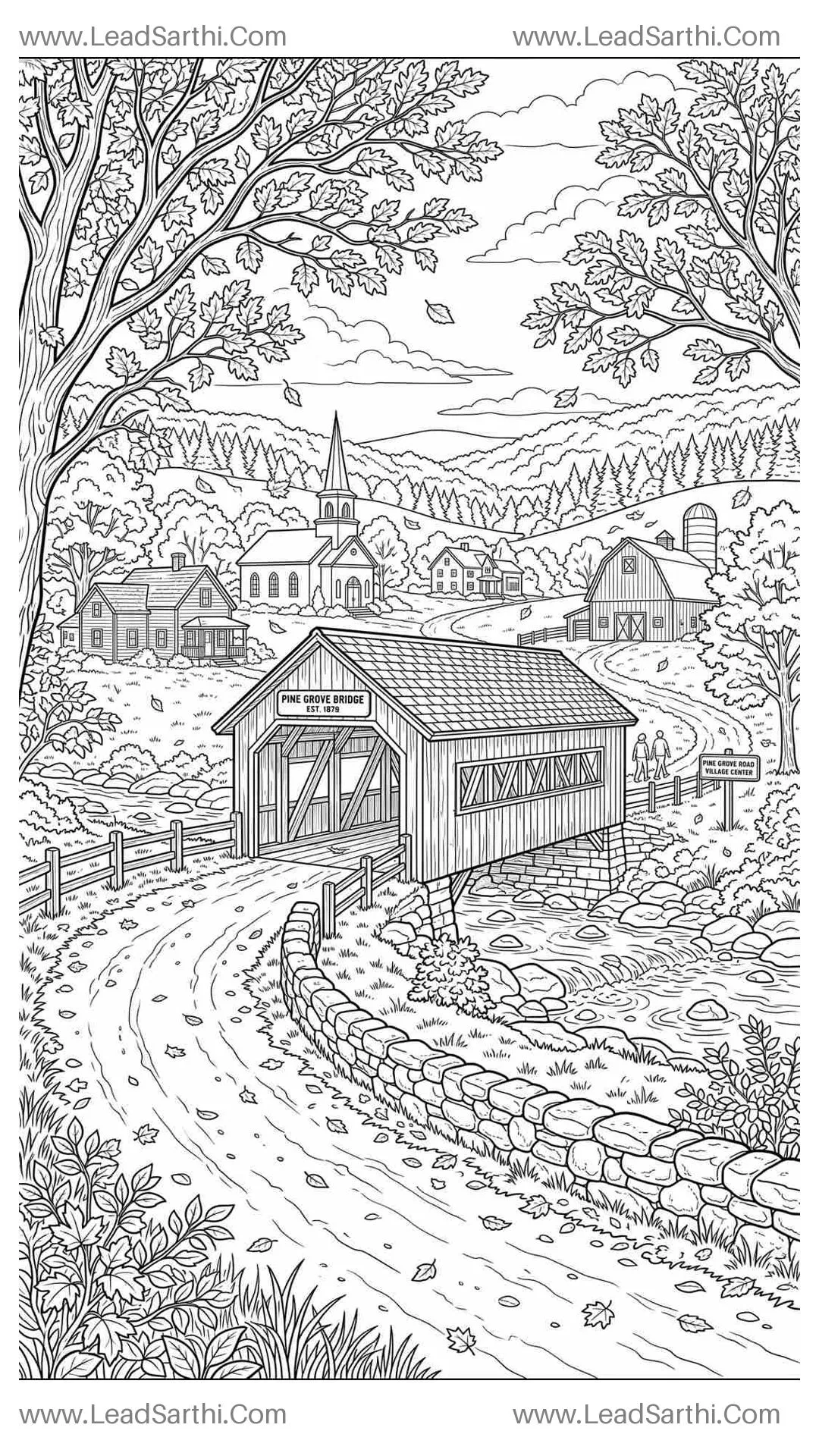 Fall Foliage Covered Bridge New England Travel Coloring Page Thumbnail