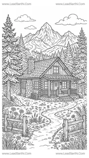 Mountain Cabin Getaway: Printable Cozy Retreat Travel Coloring Page Design Template