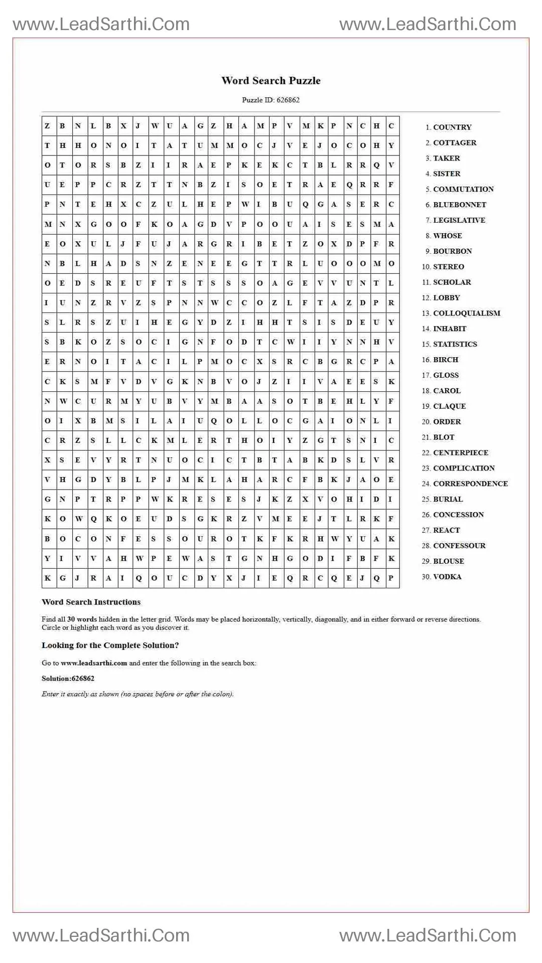Printable word search puzzle for adults 262 (Puzzle id: 626862) Thumbnail