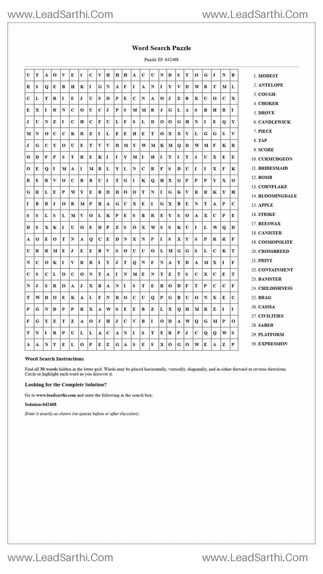 Printable word search puzzle for adults 6 (Puzzle id: 642468) Thumbnail