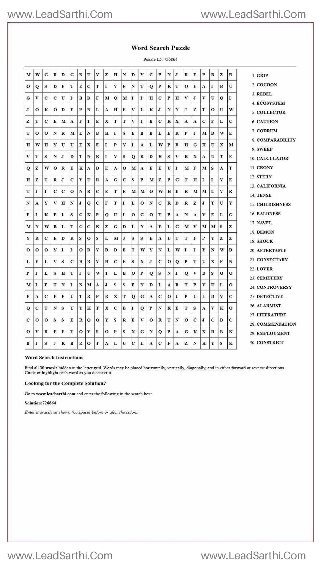 Printable word search puzzle for adults 365 (Puzzle id: 726864) Thumbnail