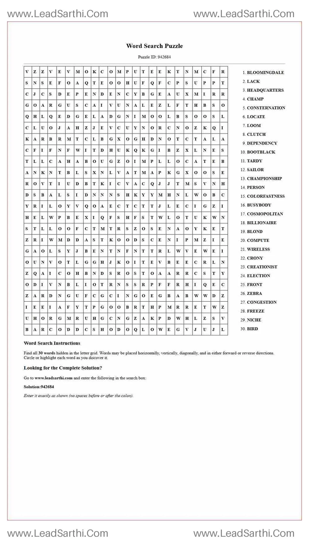Printable word search puzzle for adults 293 (Puzzle id: 942684) Thumbnail