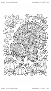 Intricate Turkey Coloring Page for Adults | Printable Harvest Line Art Design Template
