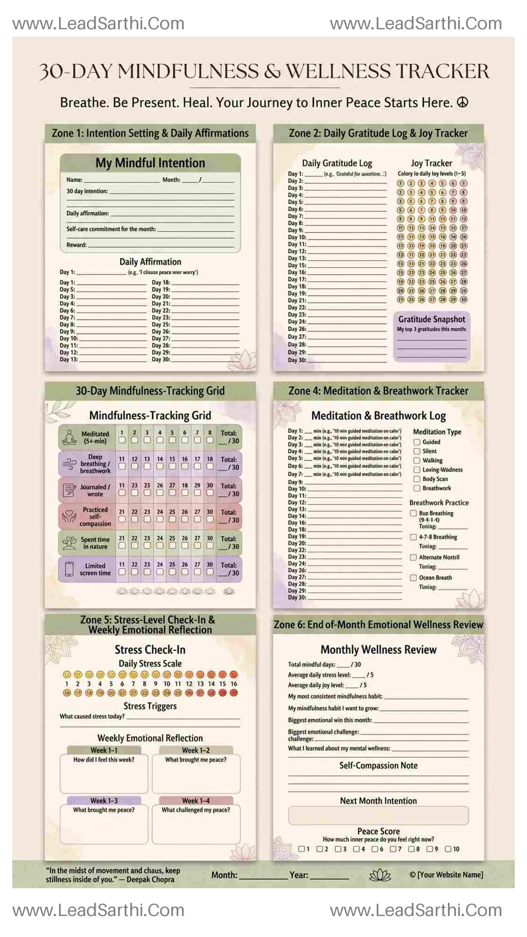 Mindfulness 30-Day Habit Tracker | Mental Wellness Printable with Gratitude & Meditation Log Thumbnail