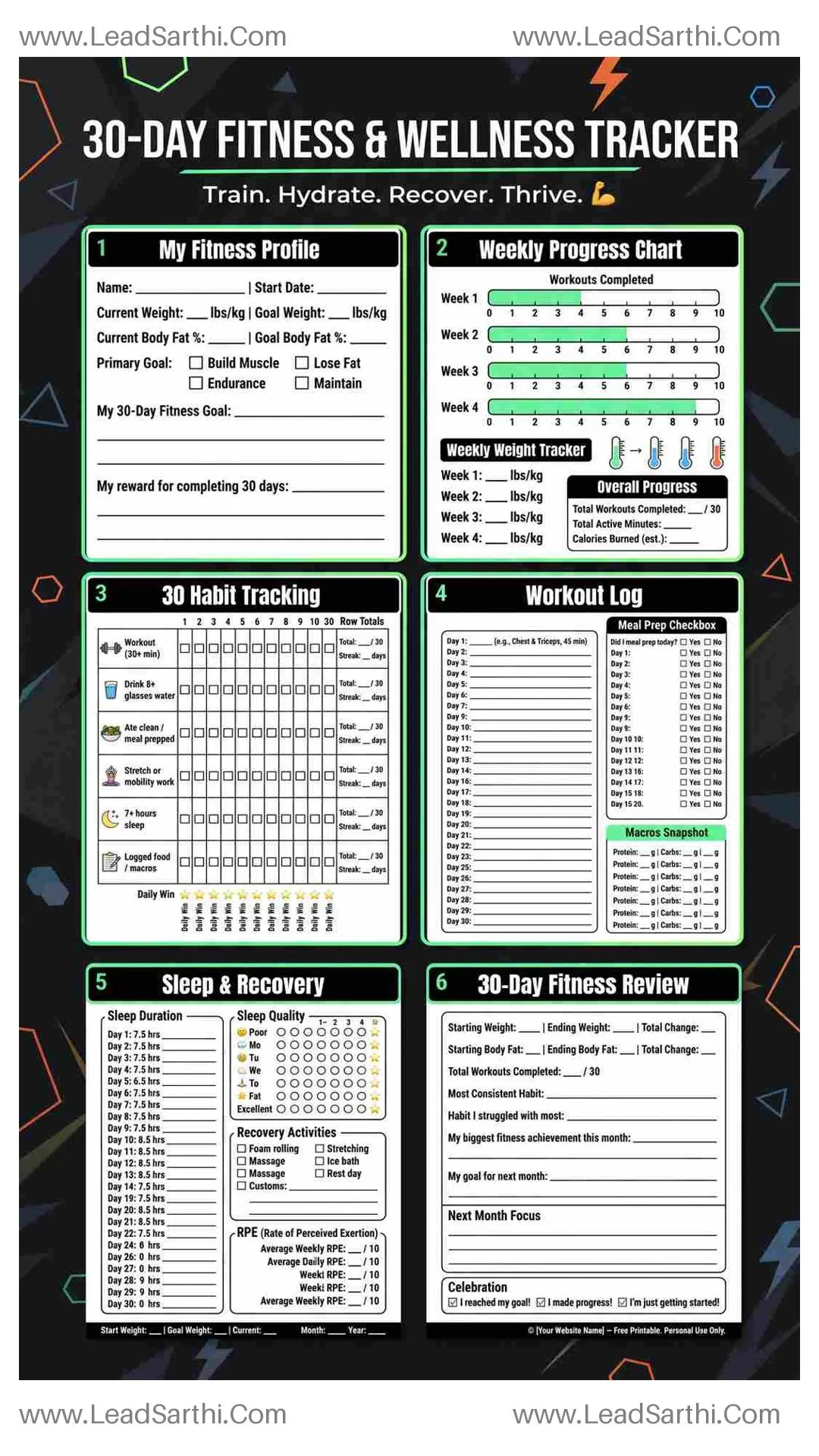 Fitness & Wellness 30-Day Habit Tracker | Workout & Sleep Log Printable PDF Thumbnail
