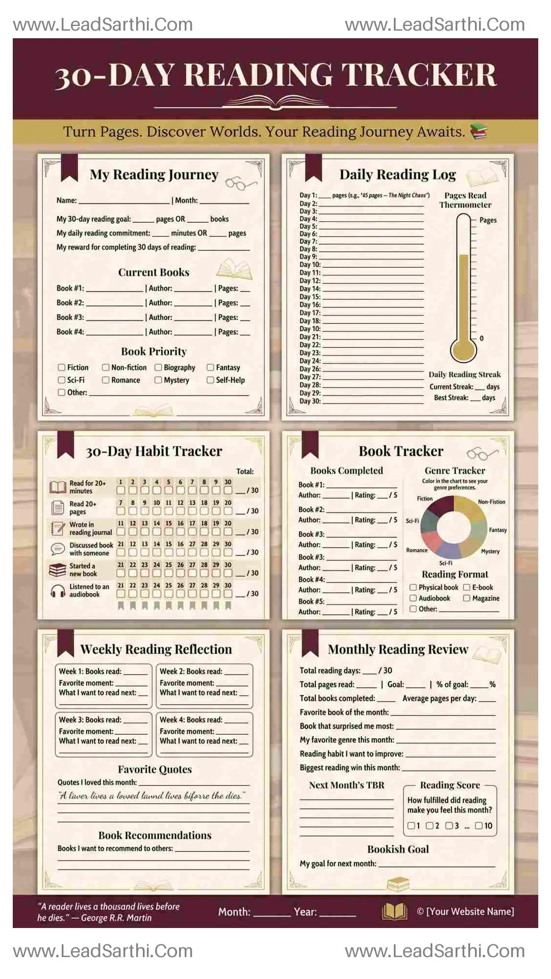Reading 30-Day Habit Tracker | Book Lover Printable with Pages Log & Genre Tracker Thumbnail