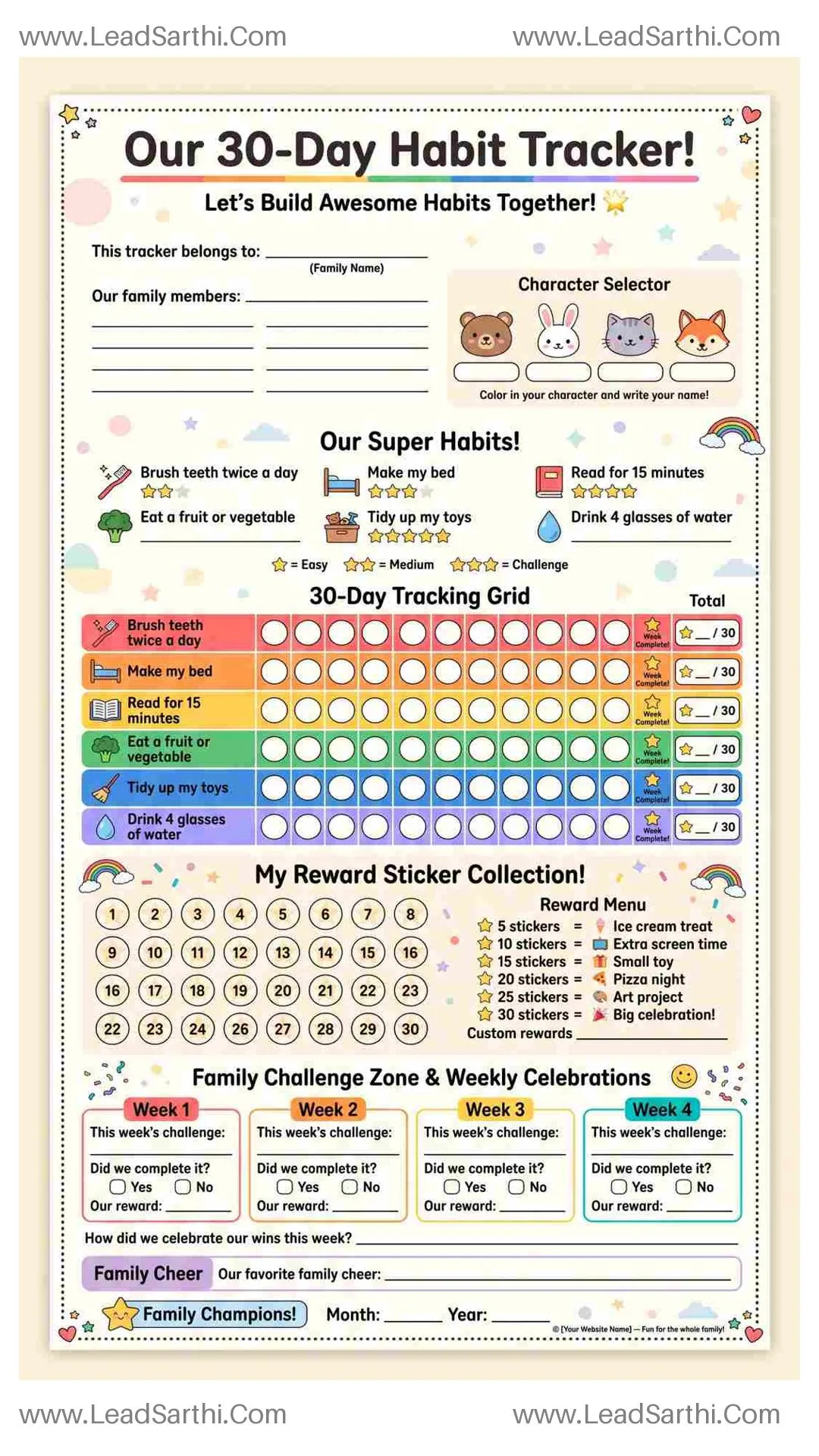 Family & Kids 30-Day Habit Tracker Printable | Fun Reward Sticker Chart PDF Thumbnail