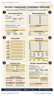 Language Learning 30-Day Habit Tracker | Vocabulary & Practice Log Printable PDF Design Template