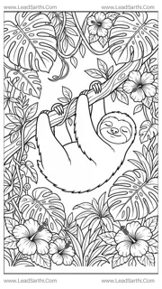 Relaxing Sloth Coloring Page for Adults | Printable Tropical Line Art Design Template