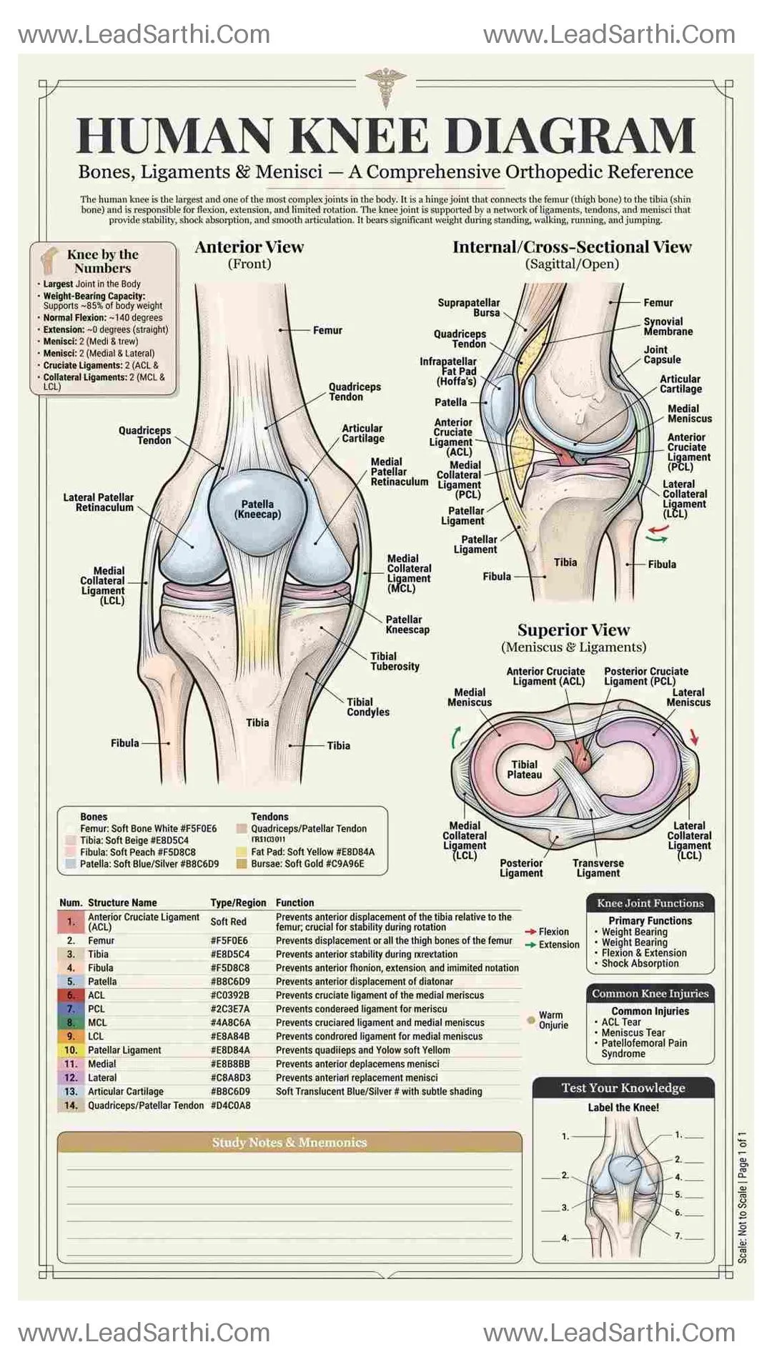 Human Knee Diagram PDF | Printable Labeled Knee Joint Anatomy Chart Thumbnail