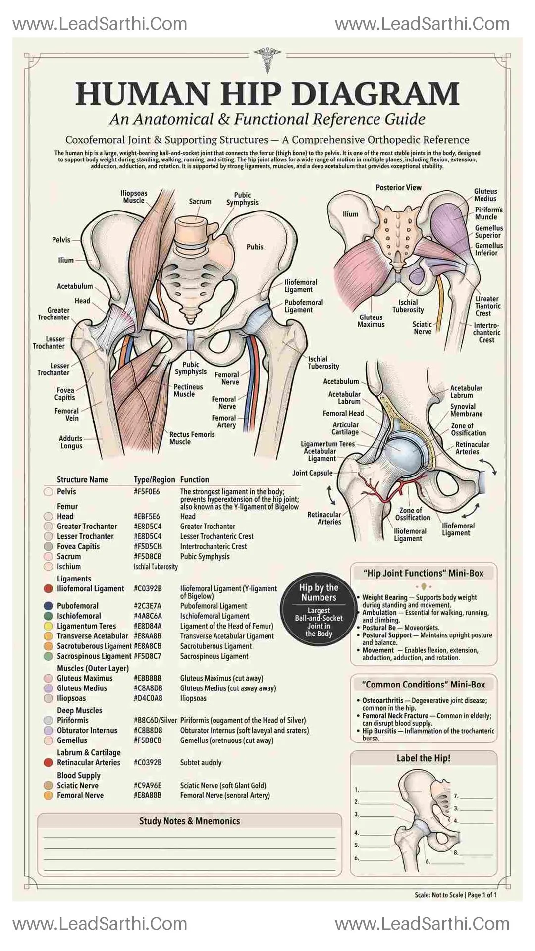 Human Hip Diagram PDF | Printable Labeled Hip Joint Anatomy Chart Thumbnail