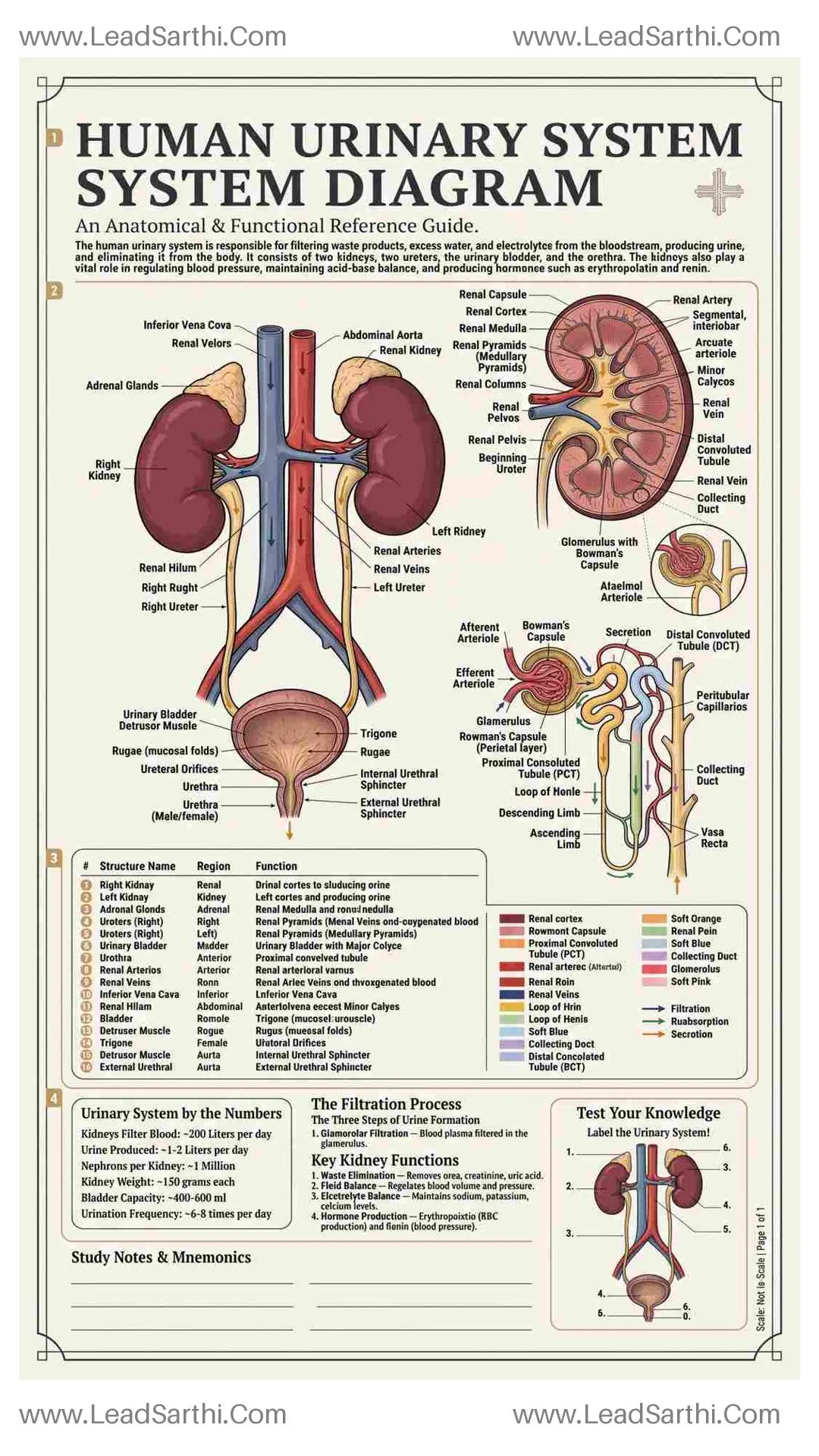 Human Urinary System Diagram PDF | Printable Labeled Kidney Anatomy Chart Thumbnail