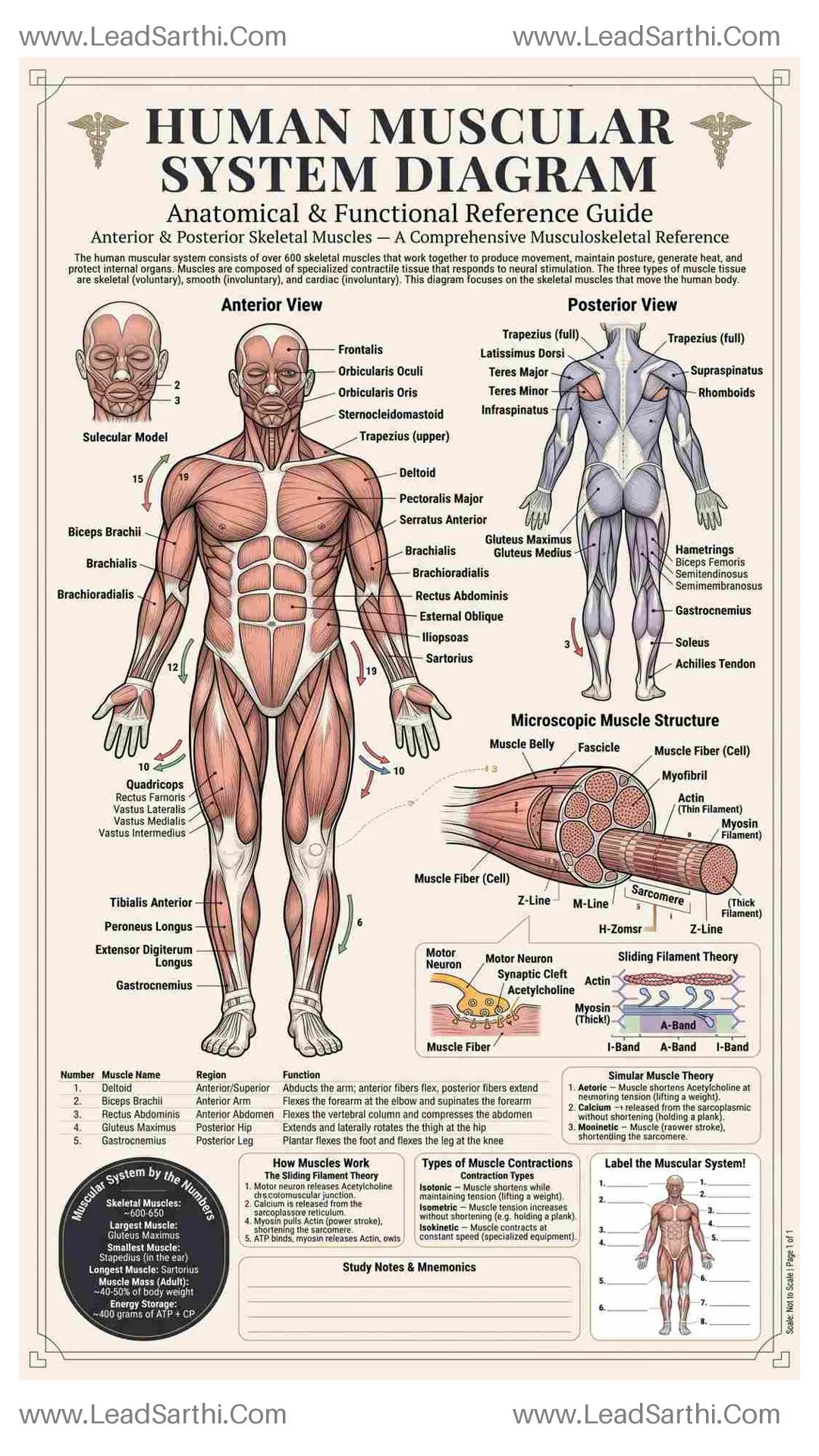 Human Muscular System Diagram PDF | Printable Labeled Muscle Anatomy Chart Thumbnail
