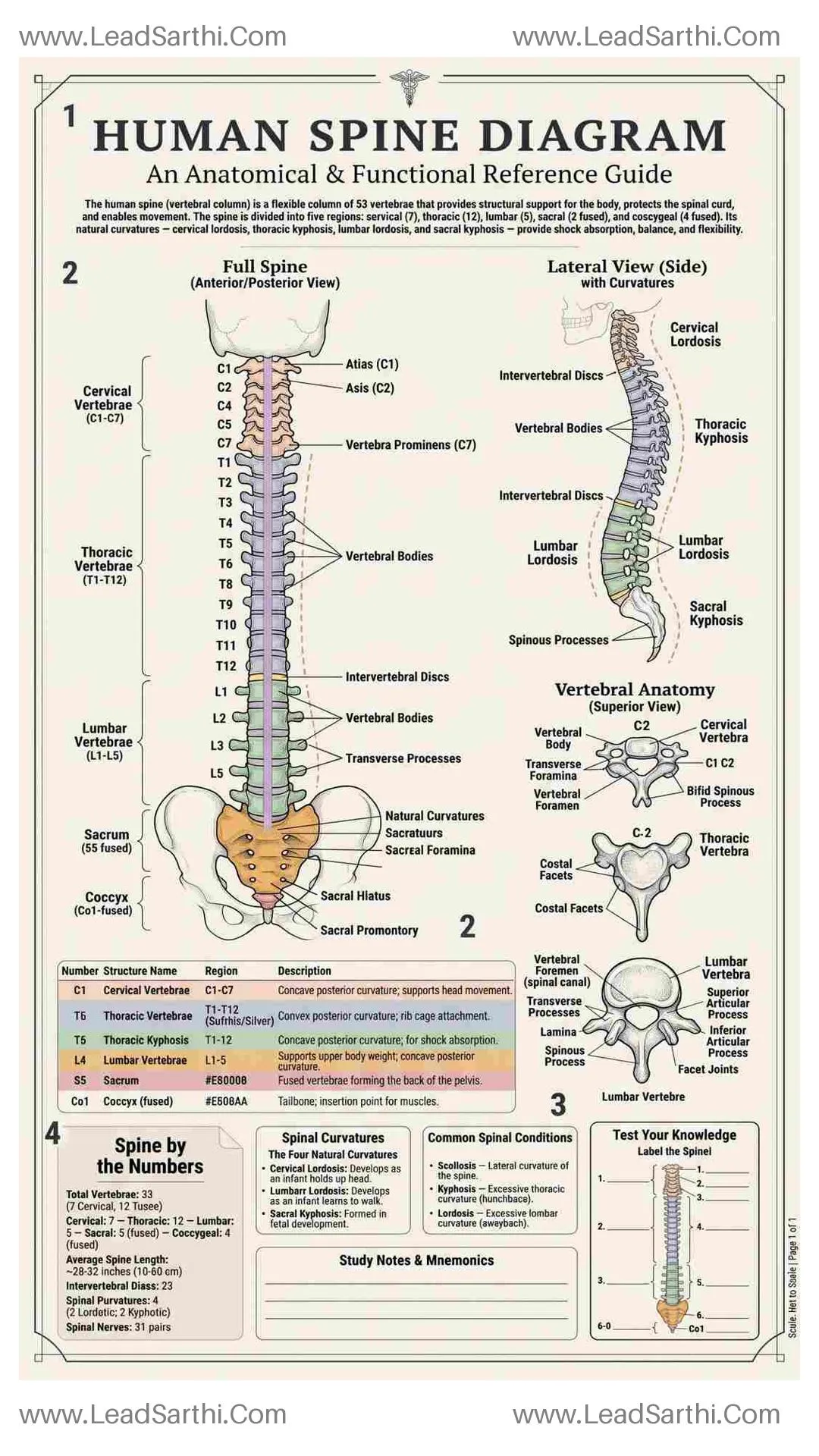 Human Spine Diagram PDF | Printable Labeled Vertebral Column Anatomy Chart Thumbnail
