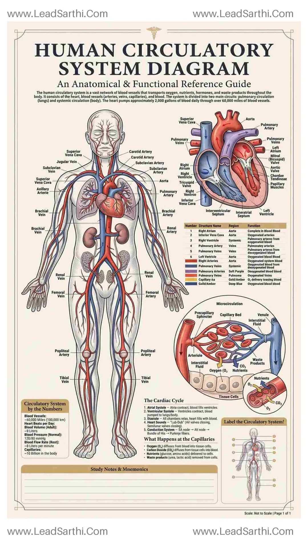 Human Circulatory System Diagram PDF | Printable Blood Flow Anatomy Chart Thumbnail