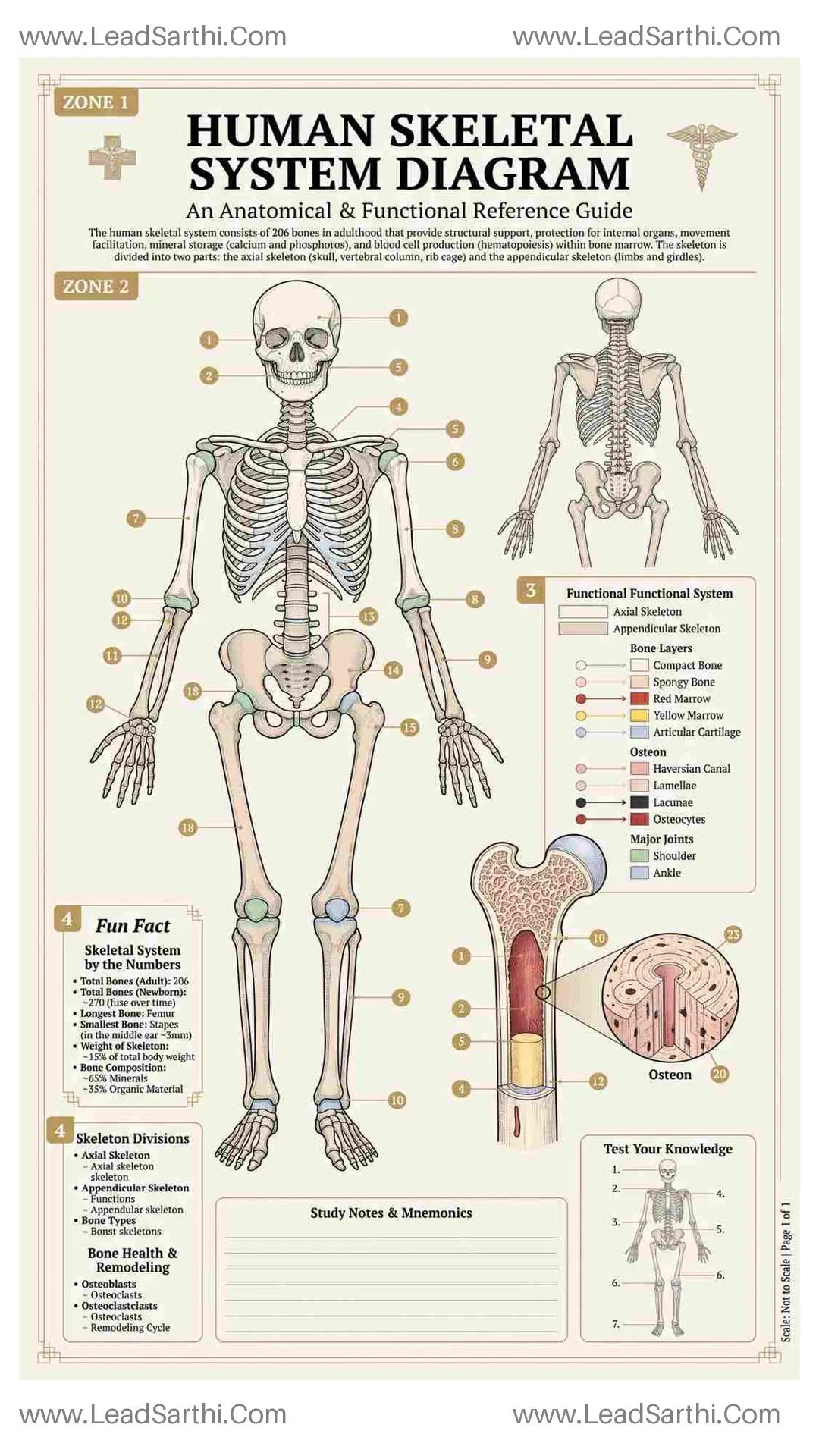 Human Skeletal System Diagram PDF | Printable Labeled Bone Anatomy Chart Thumbnail