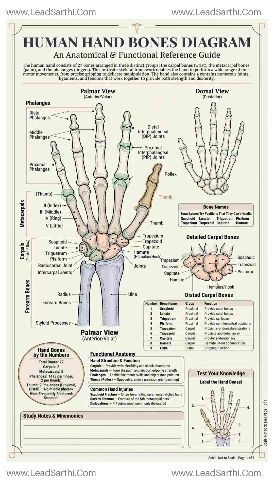 Human Hand Bones Diagram PDF | Printable Labeled Hand Anatomy Chart Thumbnail