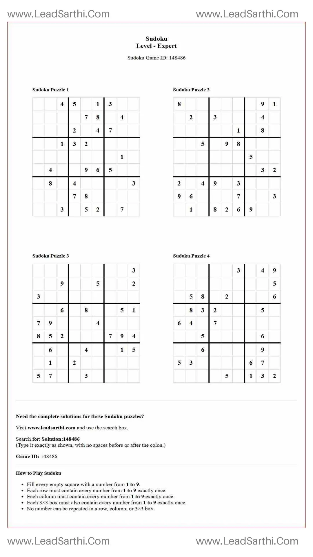 Sudoku Puzzles 4 per Page Expert Level pdf [Game ID: 148486] Thumbnail