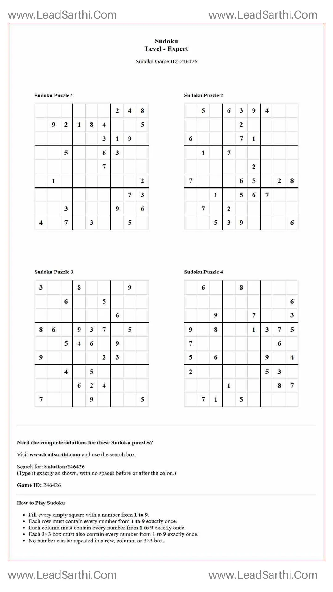 Sudoku Puzzles 4 per Page Expert Level pdf [Game ID: 246426] Thumbnail