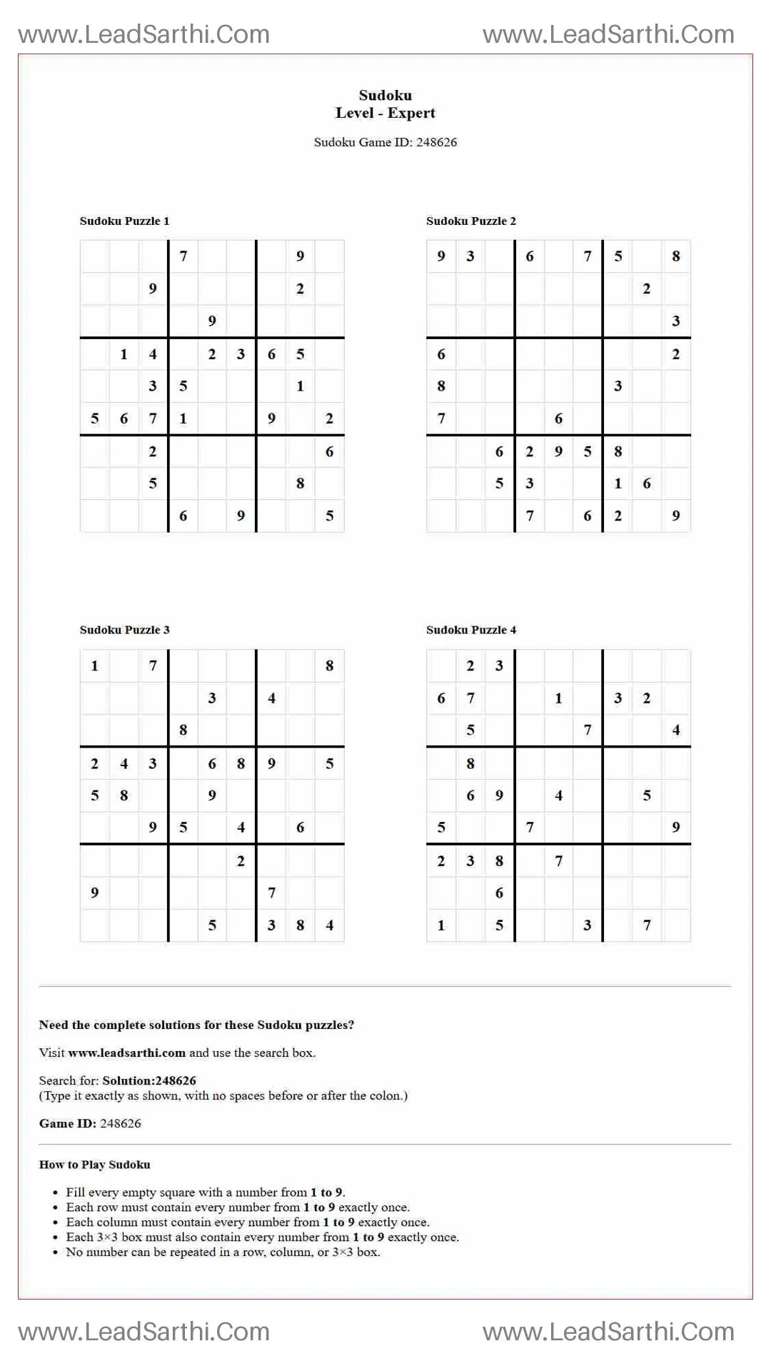 Sudoku Puzzles 4 per Page Expert Level pdf [Game ID: 248626] Thumbnail