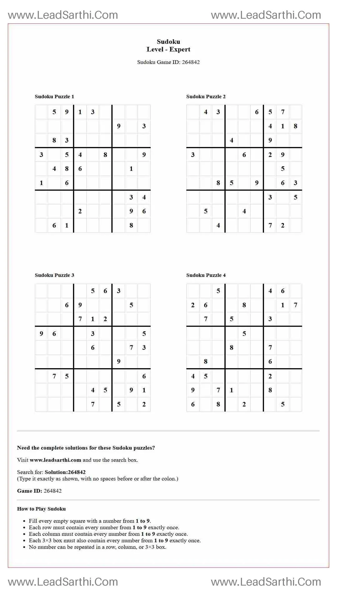Sudoku Puzzles 4 per Page Expert Level pdf [Game ID: 264842] Thumbnail