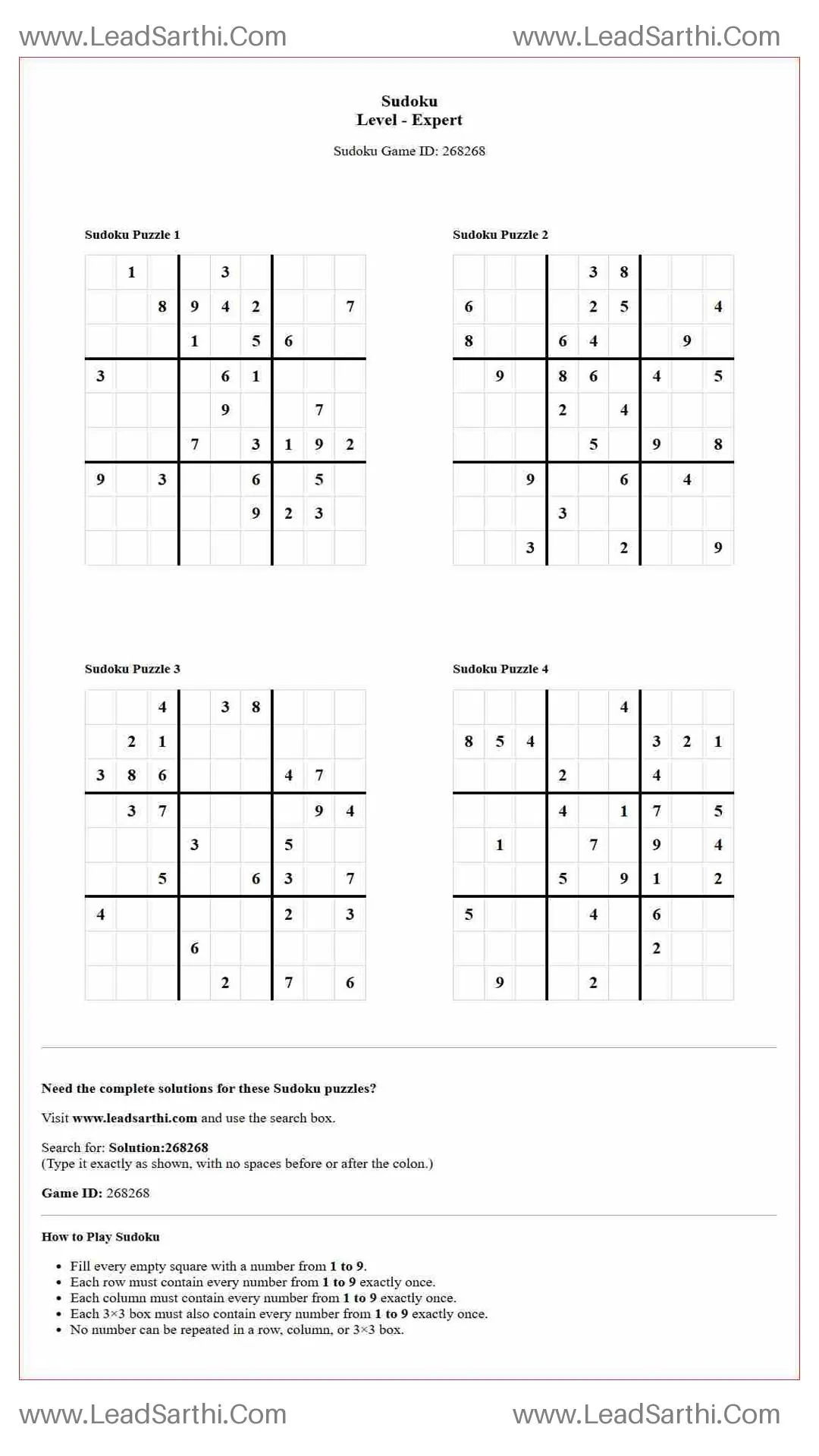 Sudoku Puzzles 4 per Page Expert Level pdf [Game ID: 268268] Thumbnail