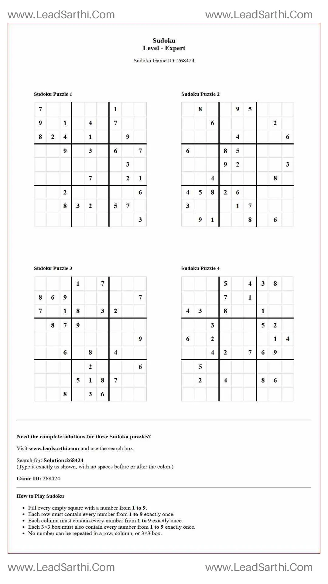 Sudoku Puzzles 4 per Page Expert Level pdf [Game ID: 268424] Thumbnail