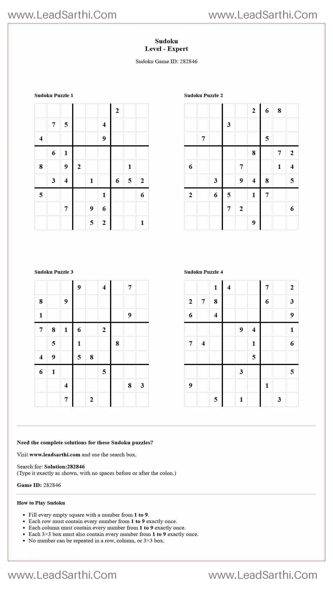 Sudoku Puzzles 4 per Page Expert Level pdf [Game ID: 282846] Thumbnail