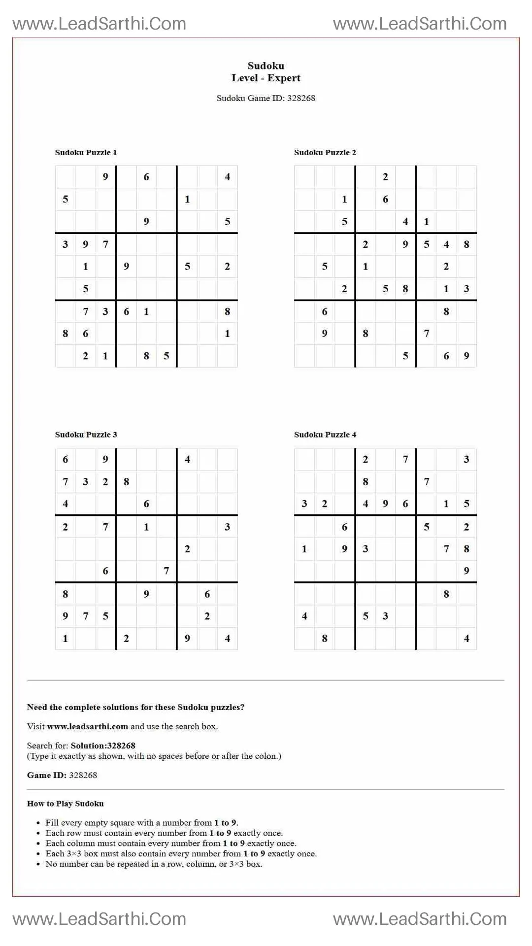 Sudoku Puzzles 4 per Page Expert Level pdf [Game ID: 328268] Thumbnail