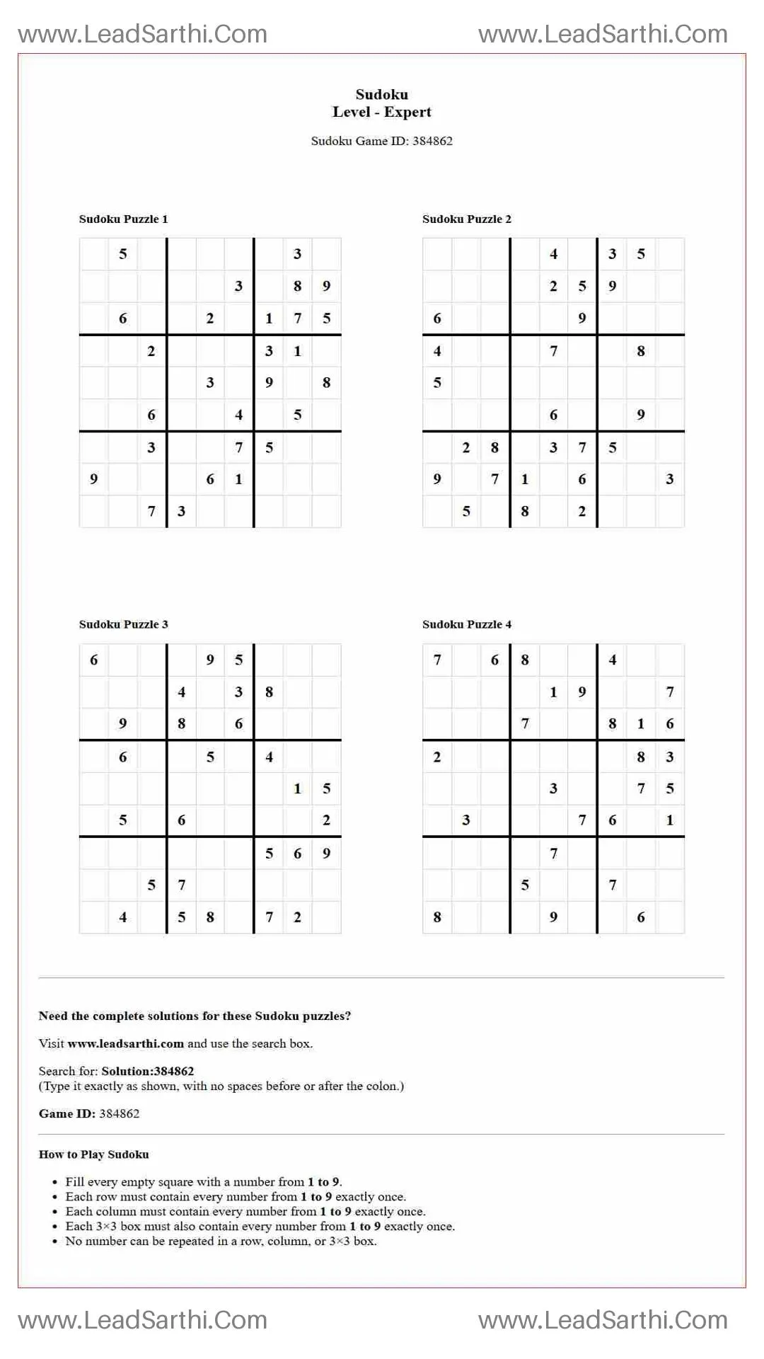 Sudoku Puzzles 4 per Page Expert Level pdf [Game ID: 384862] Thumbnail