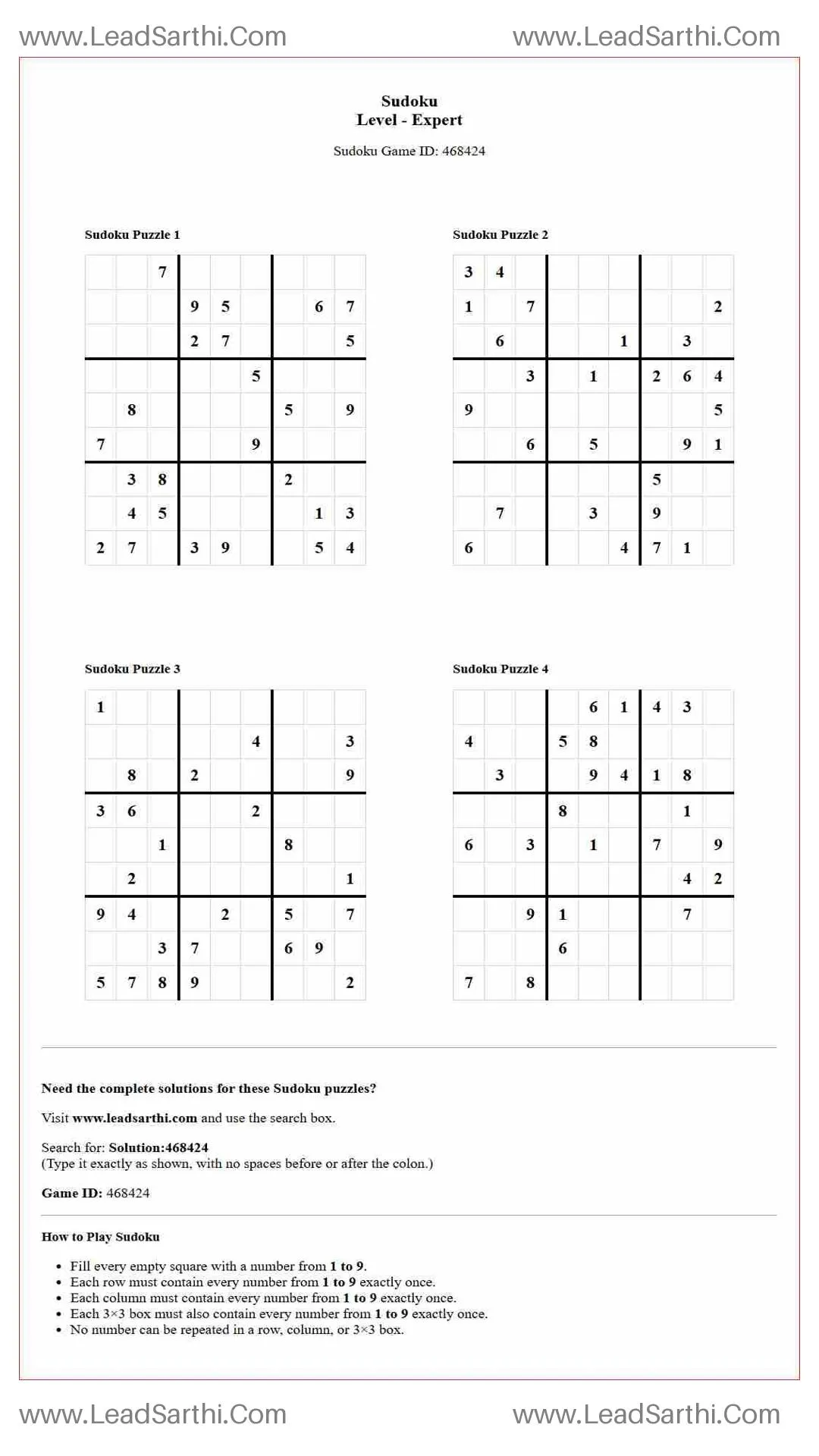 Sudoku Puzzles 4 per Page Expert Level pdf [Game ID: 468424] Thumbnail