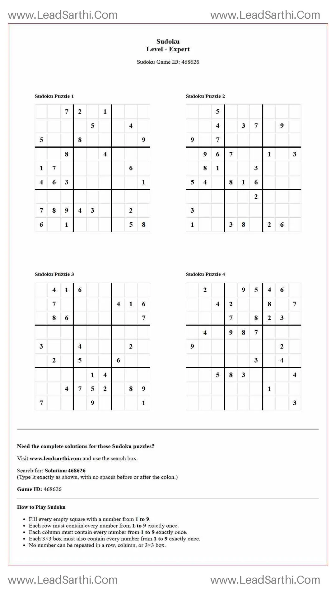 Sudoku Puzzles 4 per Page Expert Level pdf [Game ID: 468626] Thumbnail