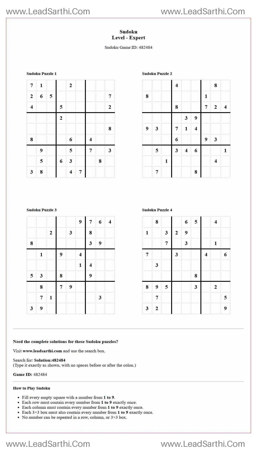 Sudoku Puzzles 4 per Page Expert Level pdf [Game ID: 482484] Thumbnail