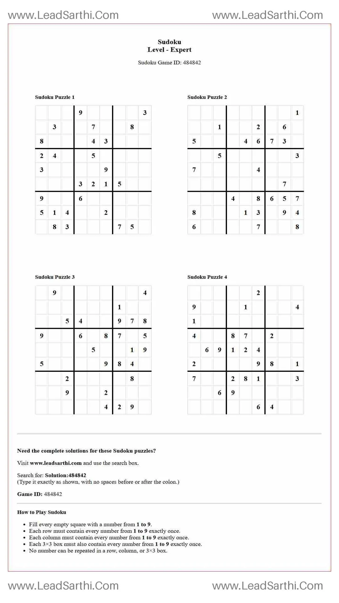 Sudoku Puzzles 4 per Page Expert Level pdf [Game ID: 484842] Thumbnail