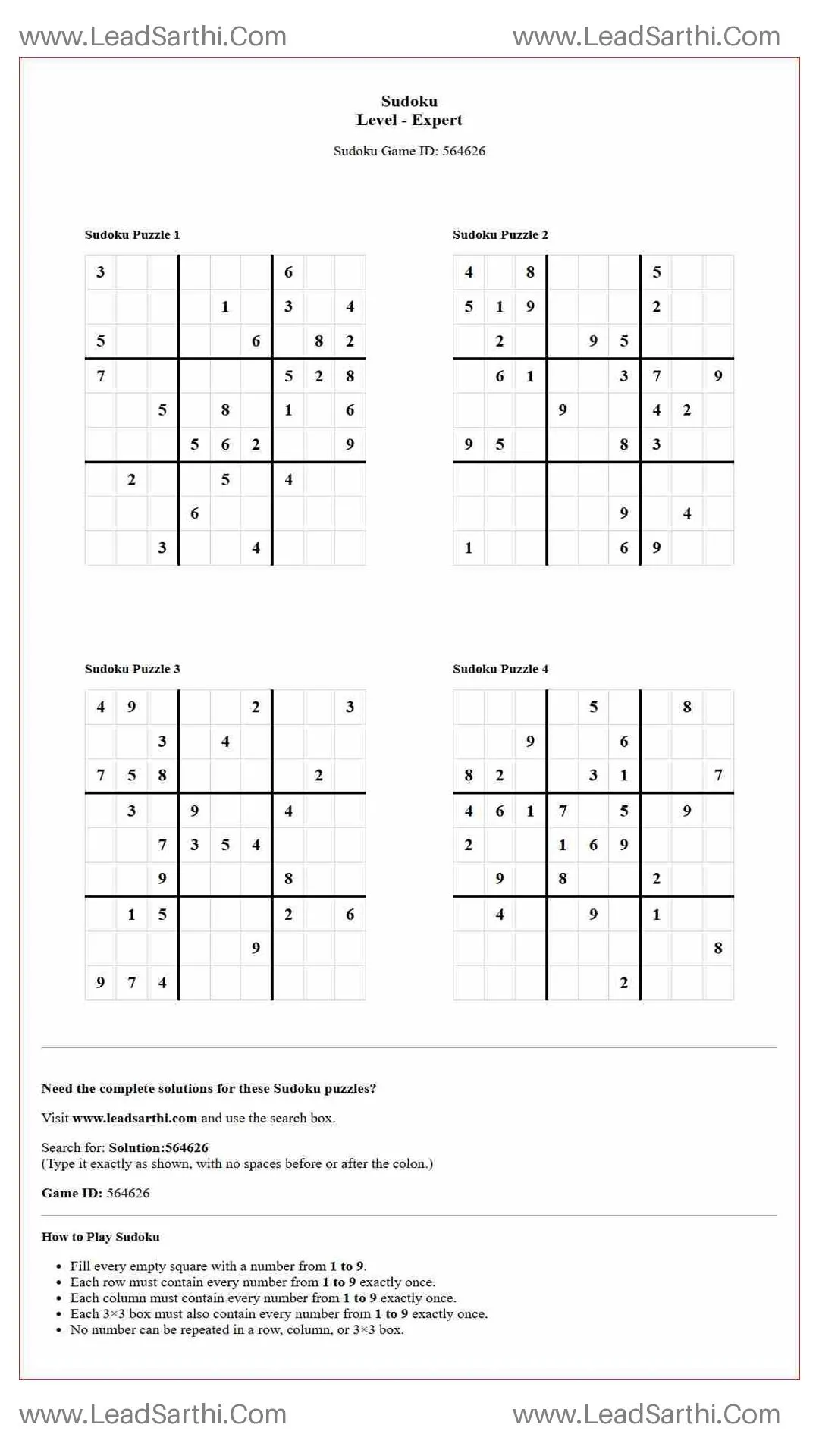 Sudoku Puzzles 4 per Page Expert Level pdf [Game ID: 564626] Thumbnail