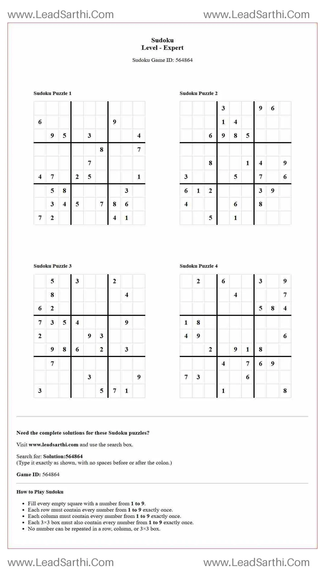Sudoku Puzzles 4 per Page Expert Level pdf [Game ID: 564864] Thumbnail